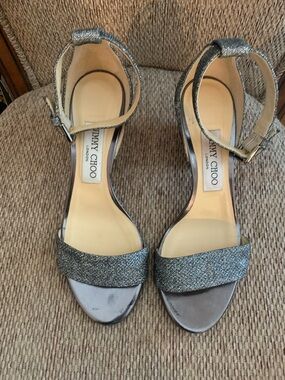 Jimmy Choo Silver Glitter Ankle-Strap Heels